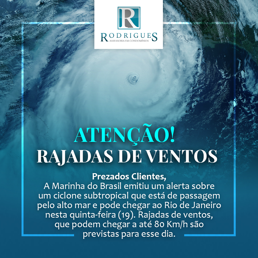 Prezados Clientes, a Marinha do Brasil emitiu um alerta sobre um ciclone subtropical que está de passagem pelo alto mar e pode chegar ao Rio de Janeiro nesta quinta-feira (19). Rajadas de ventos, que podem chegar a até 80 Km/h são previstas para esse dia.