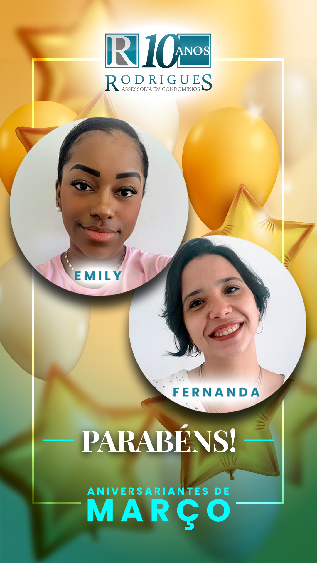 🎂 Aniversariantes de MARÇO 🎉 Parabéns aos nossos colaboradores que fazem aniversário nesse mês! São eles: Emily (12/03) e Fernanda (28/03). Desejamos a vocês muita saúde, sucesso e felicidade. 👏 👏 👏 Parabéns!